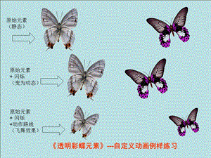 [技巧探索]彩蝶元素飞舞效果演示,免费,文档中有原始的透明彩蝶元素15件,与喜爱的朋友分享 .ppt