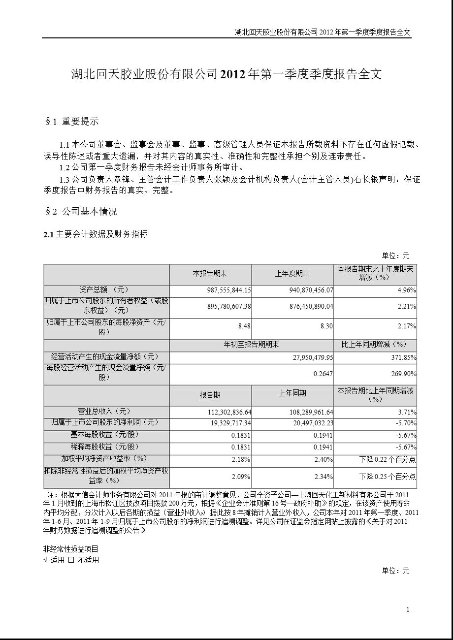 回天胶业：第一季度报告全文.ppt_第1页