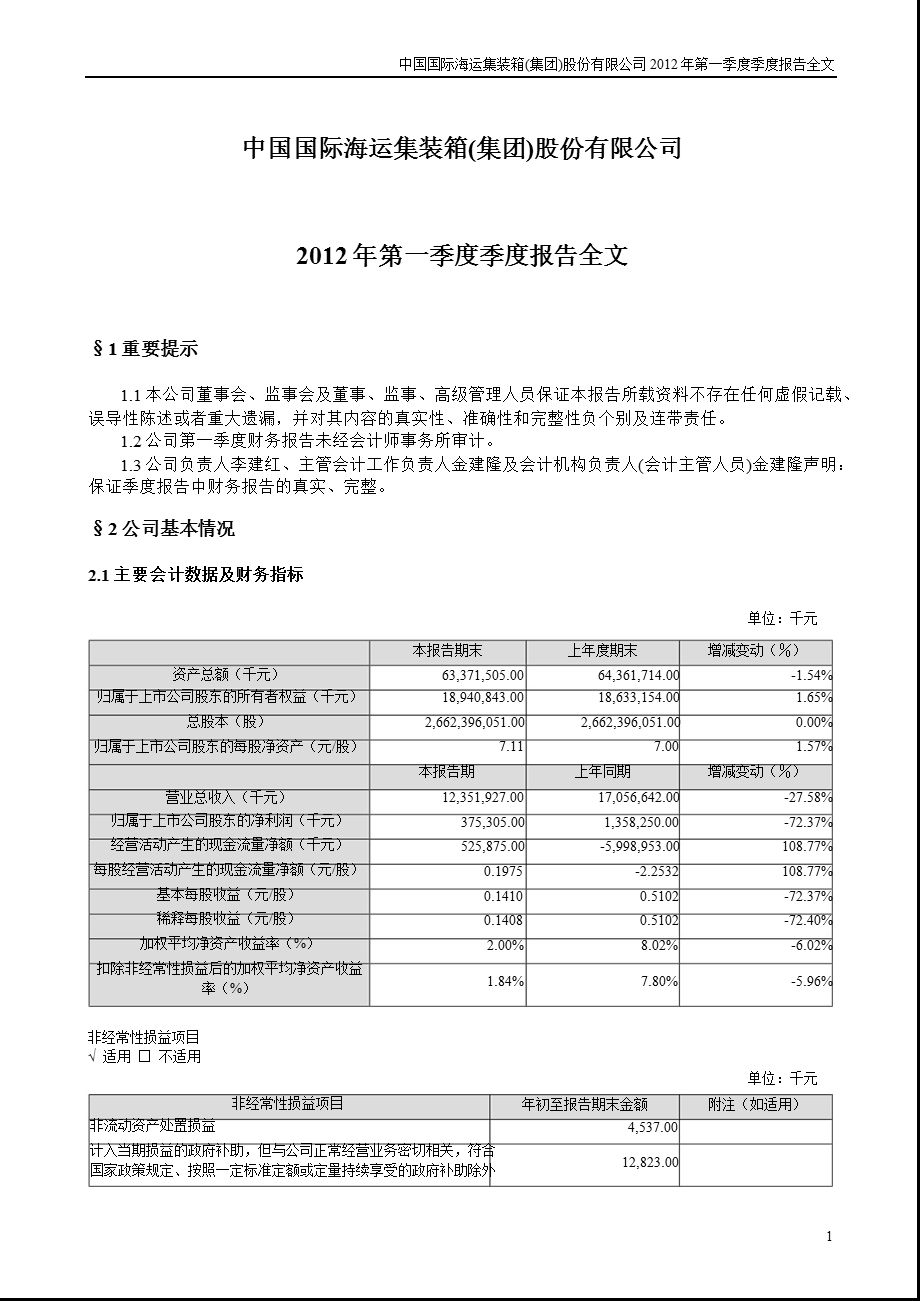 中集集团：第一季度报告全文.ppt_第1页