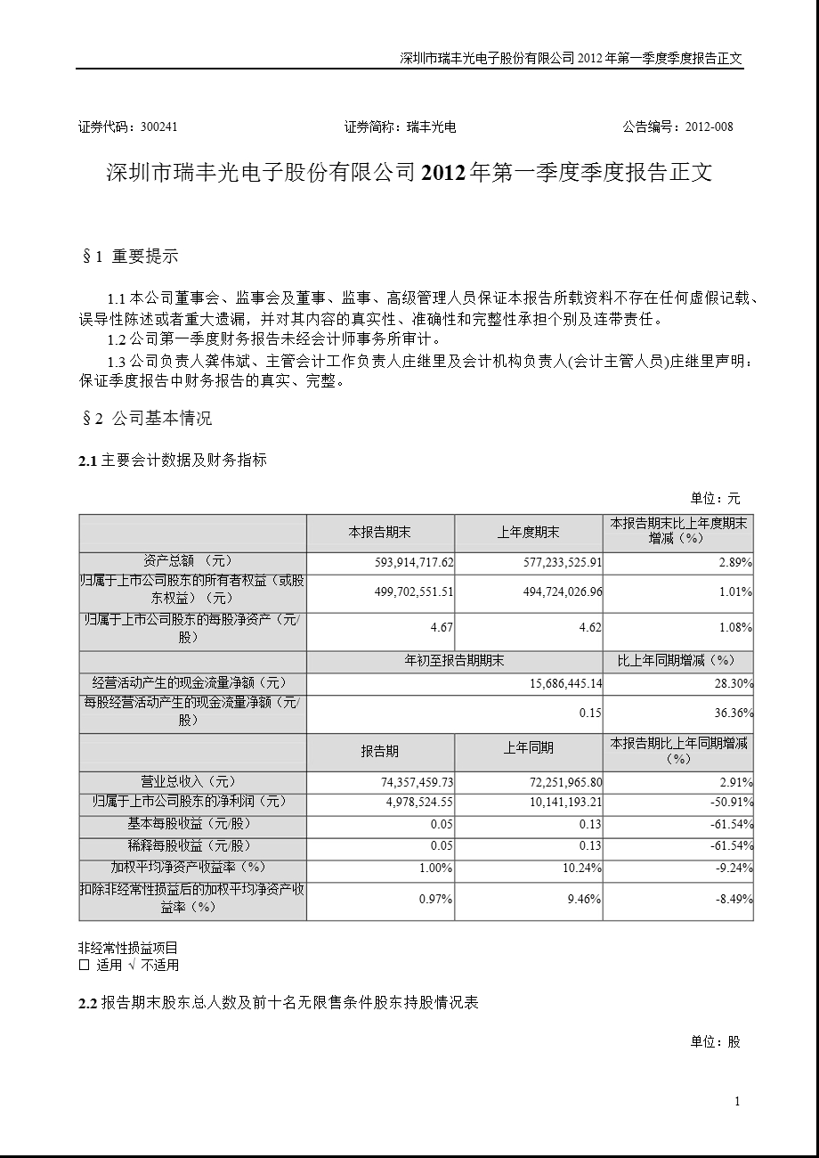 瑞丰光电：第一季度报告正文.ppt_第1页