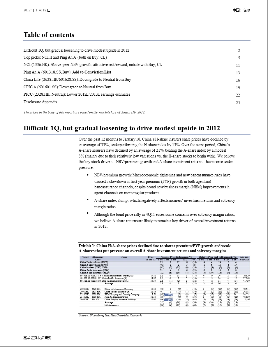 中国保险：一季度压力仍在；全或温和走高；首选新华保险H和平安A强力买入(摘要)0118.ppt_第2页