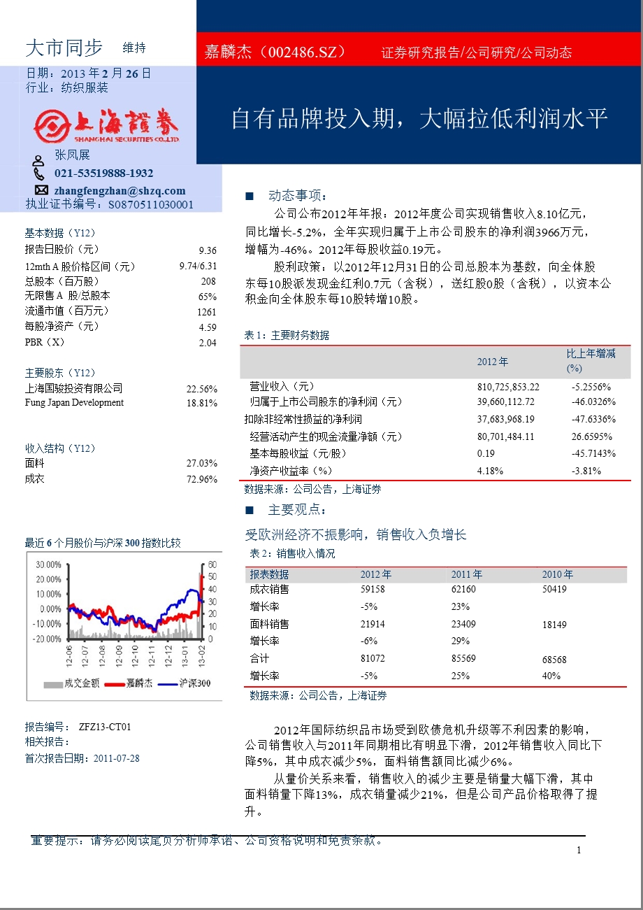 嘉麟杰(002486)自有品牌投入期,大幅拉低利润水平130226.ppt_第1页