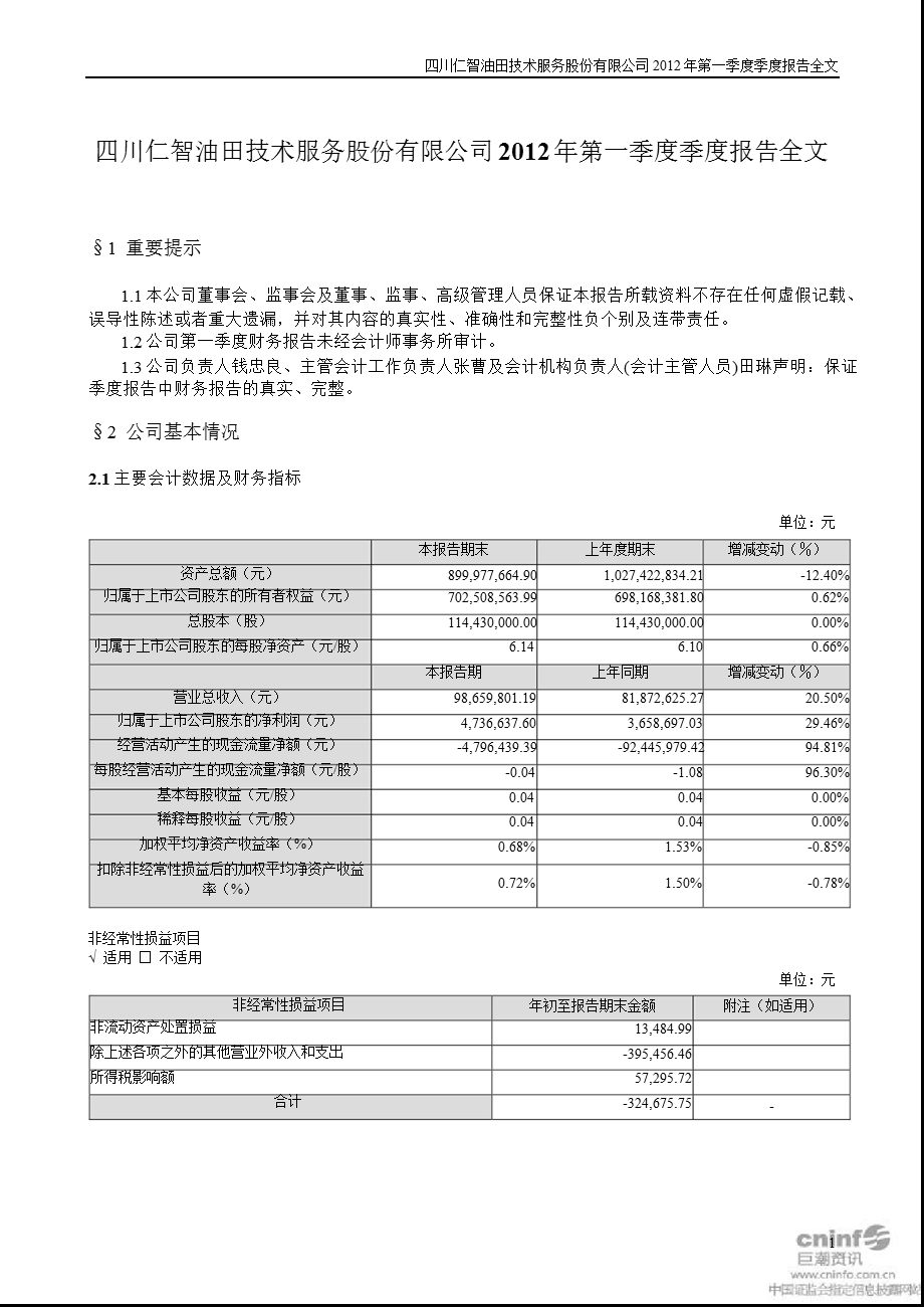 仁智油服：第一季度报告全文.ppt_第1页