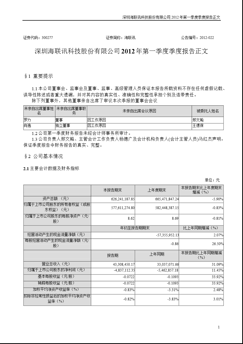 海联讯：第一季度报告正文.ppt_第1页