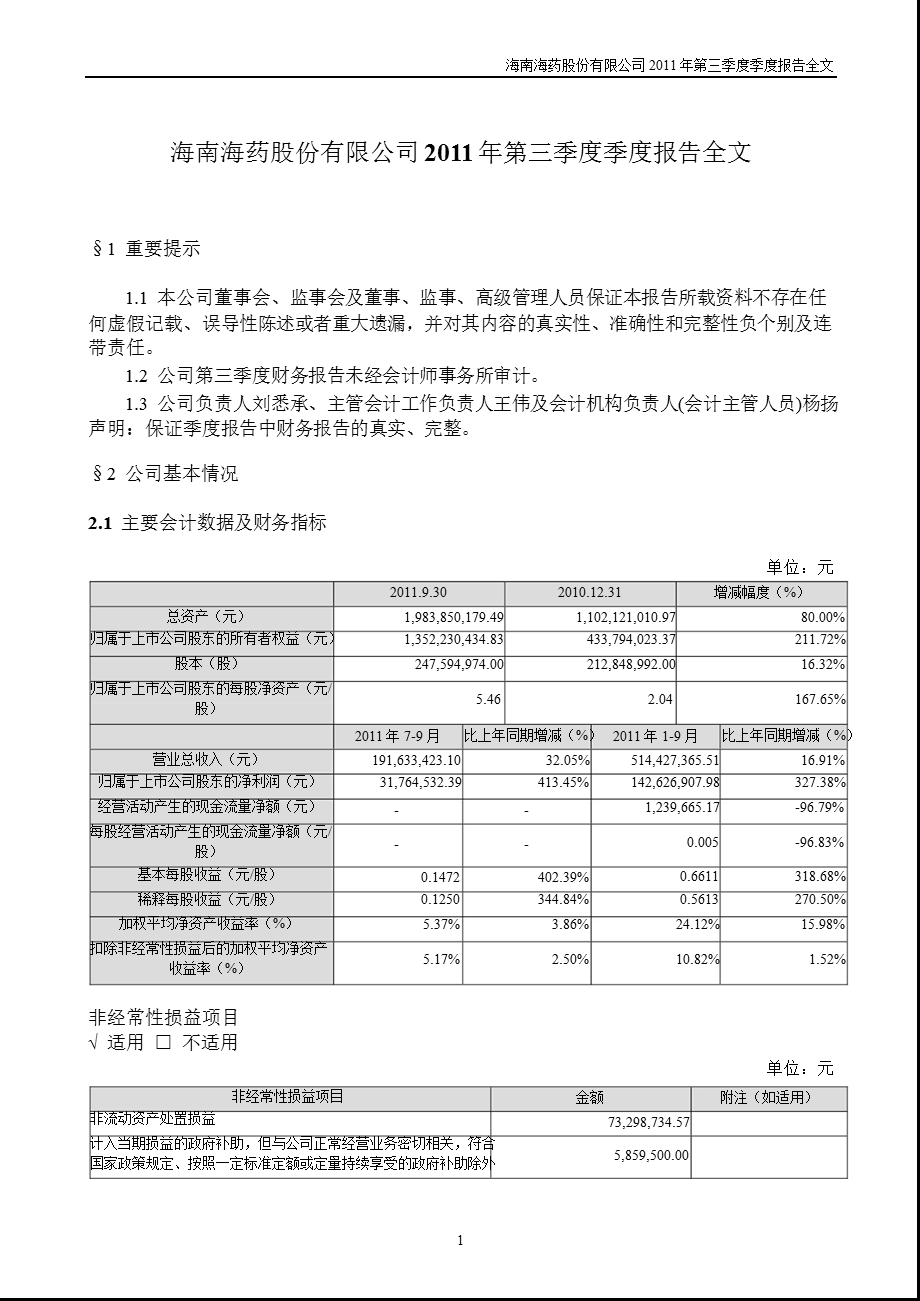 海南海药：第三季度报告全文.ppt_第1页