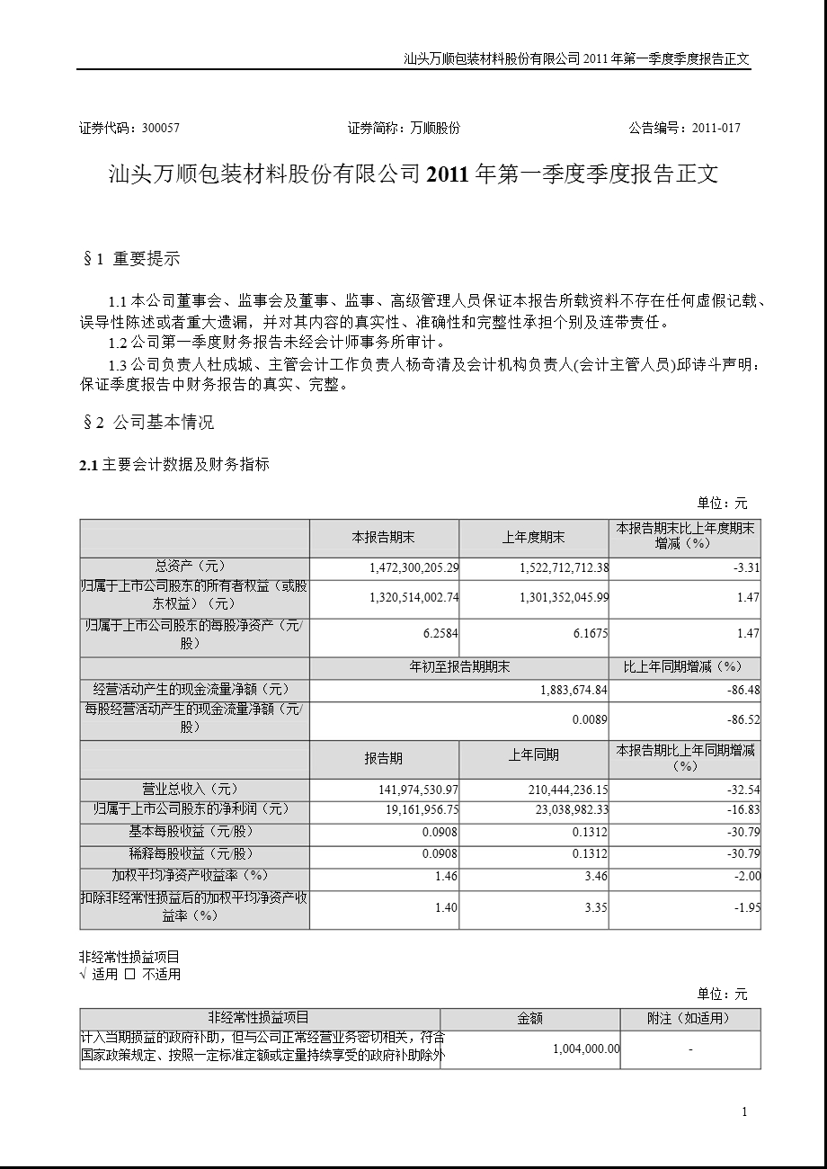 万顺股份：第一季度报告正文.ppt_第1页