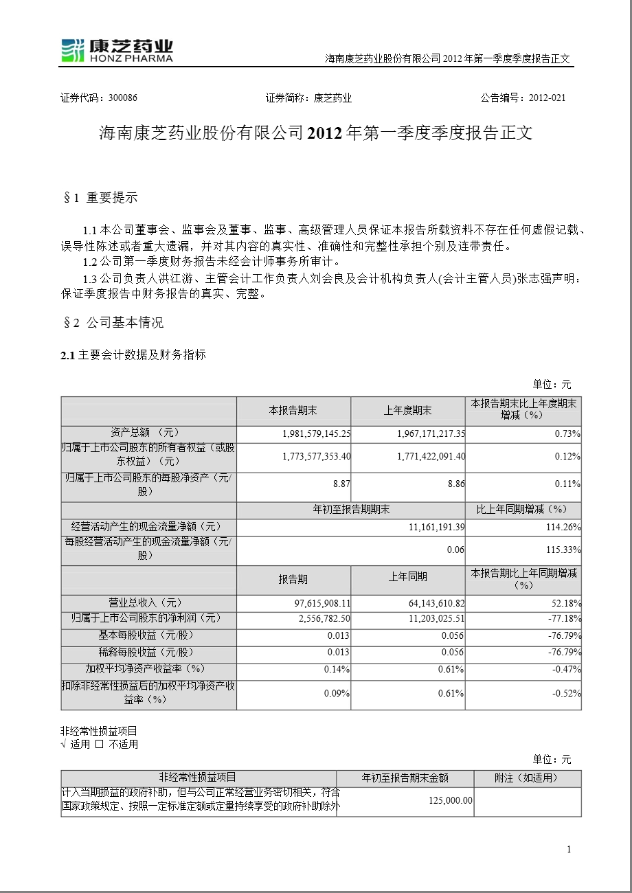 康芝药业：第一季度报告正文.ppt_第1页