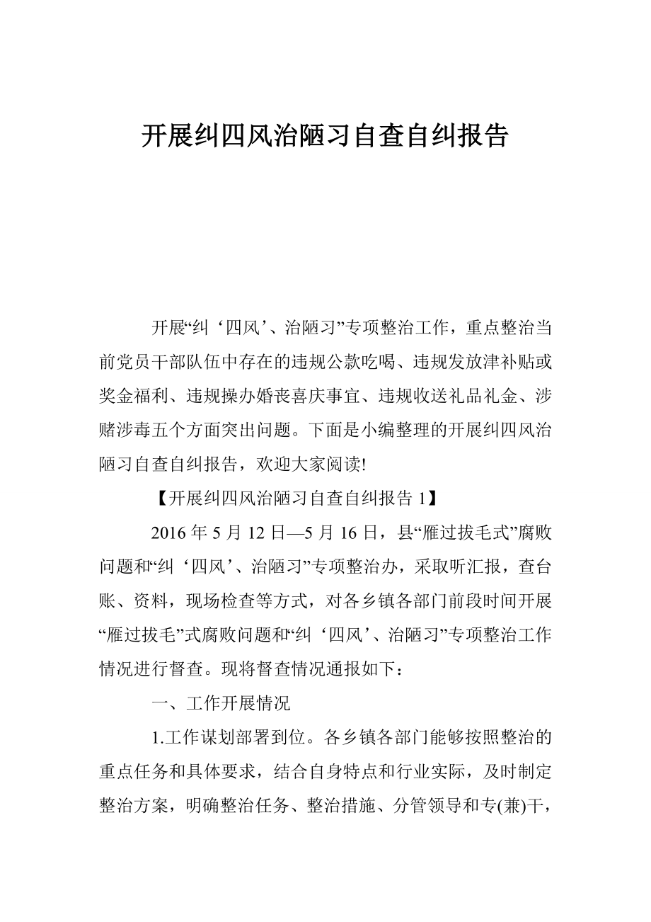 开展纠四风治陋习自查自纠报告.doc_第1页