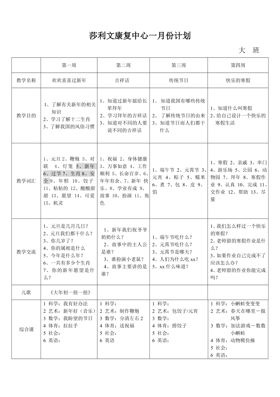 幼儿园大班一月教案.doc_第1页