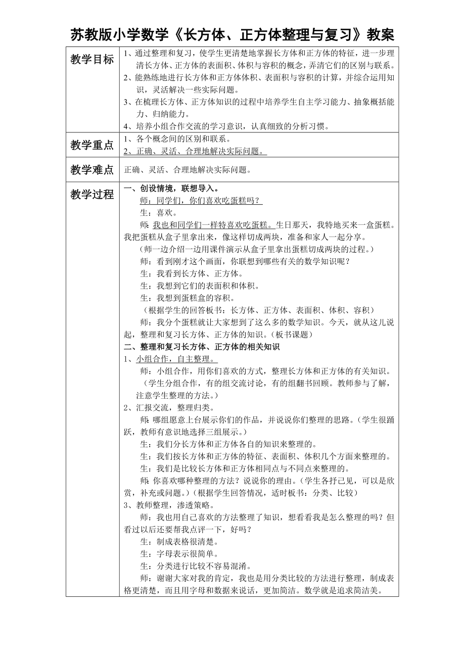 苏教版小学数学《长方体、正方体整理与复习》教案.doc_第1页