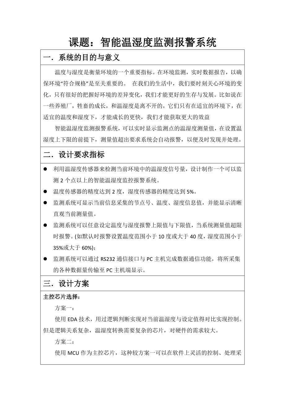 温湿度报警系统设计开题报告.doc_第1页