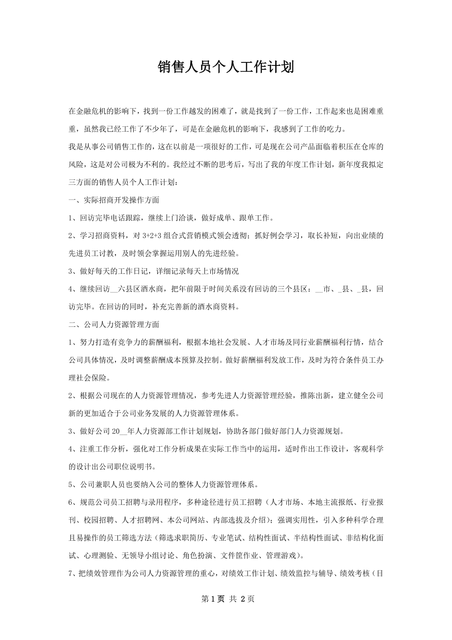 销售人员个人工作计划.docx_第1页