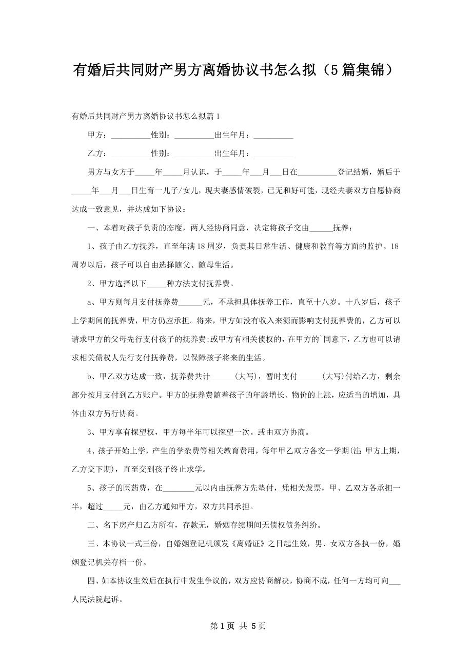 有婚后共同财产男方离婚协议书怎么拟（5篇集锦）.docx_第1页