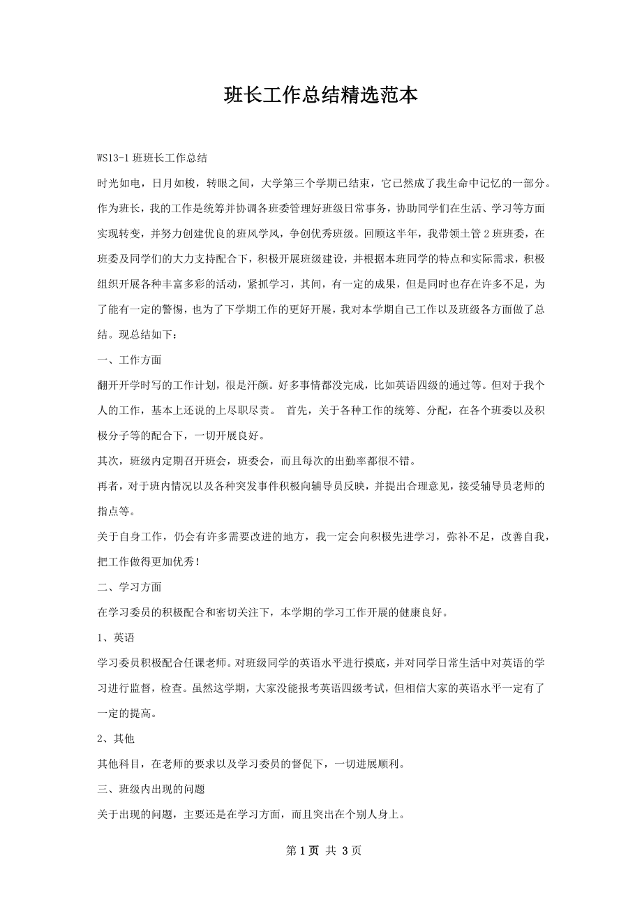 班长工作总结精选范本.docx_第1页