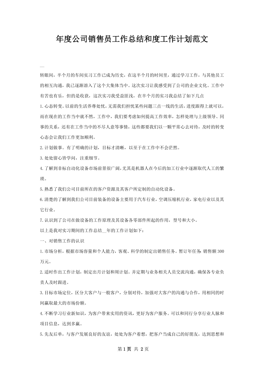 年度公司销售员工作总结和度工作计划范文.docx_第1页