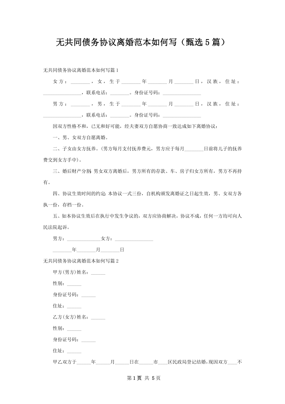 无共同债务协议离婚范本如何写（甄选5篇）.docx_第1页