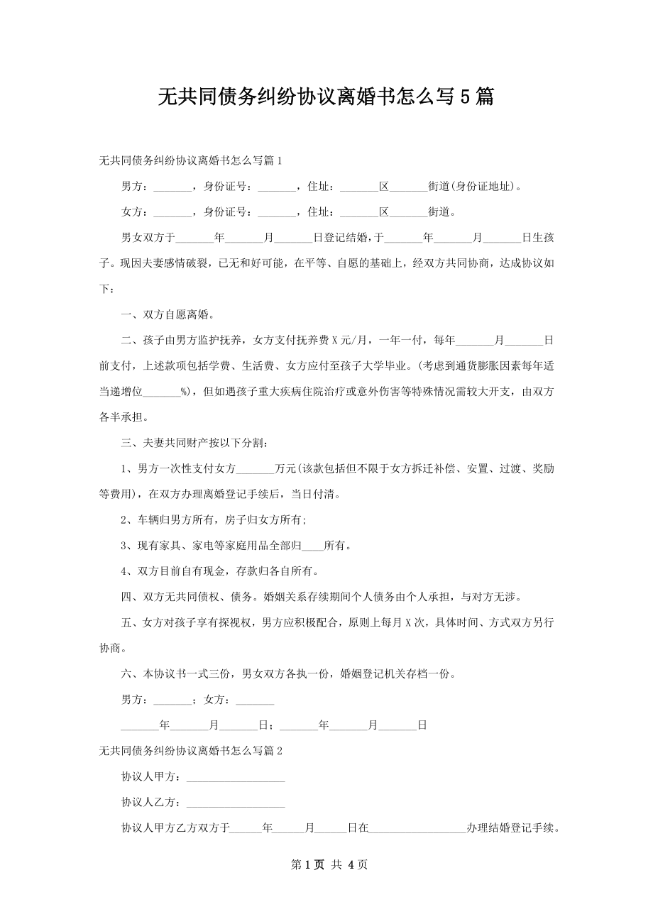 无共同债务纠纷协议离婚书怎么写5篇.docx_第1页