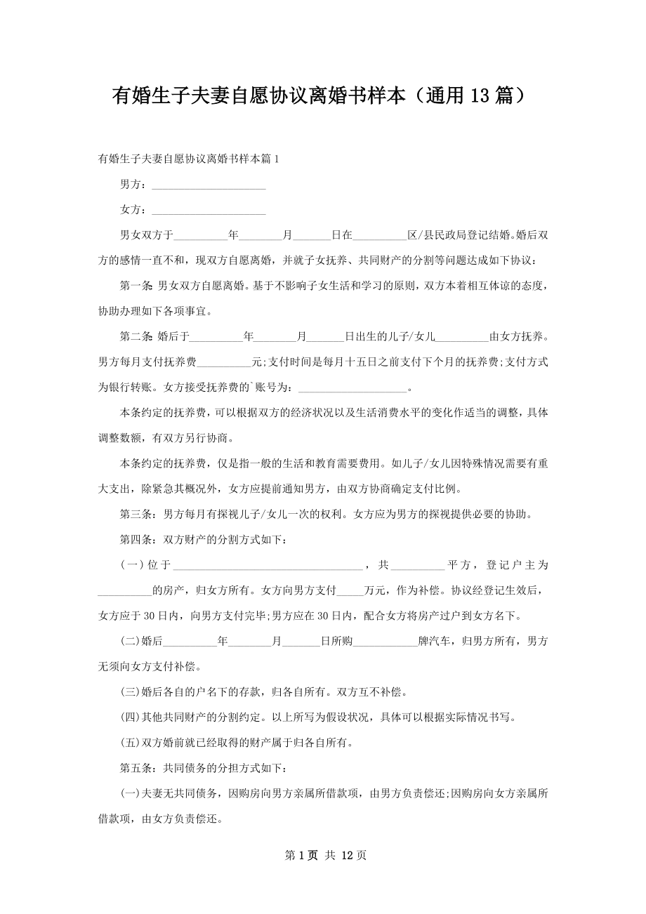 有婚生子夫妻自愿协议离婚书样本（通用13篇）.docx_第1页