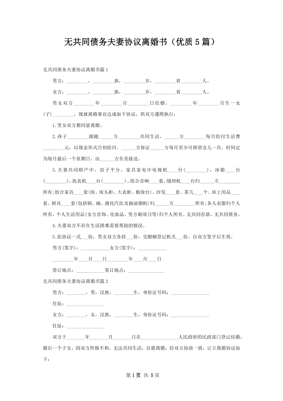 无共同债务夫妻协议离婚书（优质5篇）.docx_第1页