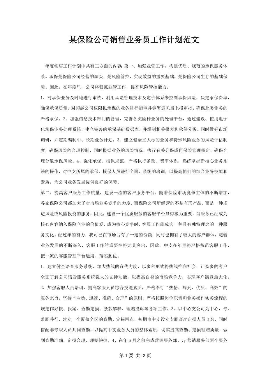 某保险公司销售业务员工作计划范文.docx_第1页