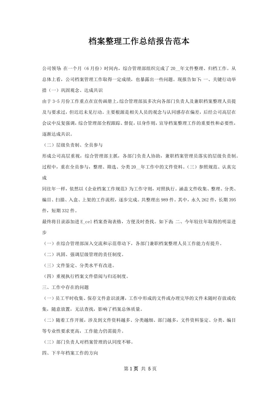 档案整理工作总结报告范本.docx_第1页