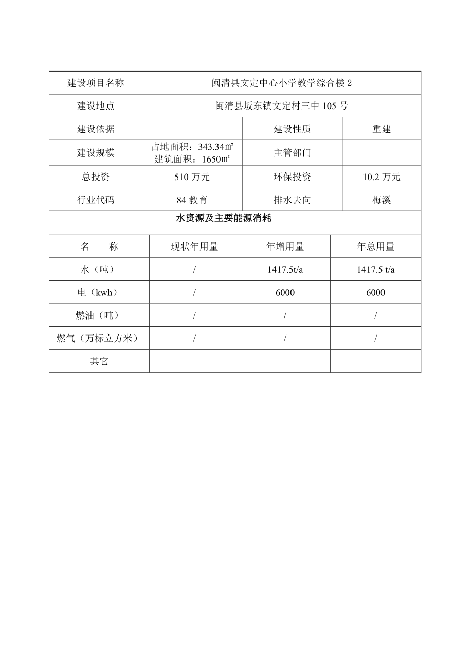 环境影响评价报告公示：闽清县文定中心小学教学综合楼闽清县坂东镇文定村三环评报告.doc_第2页