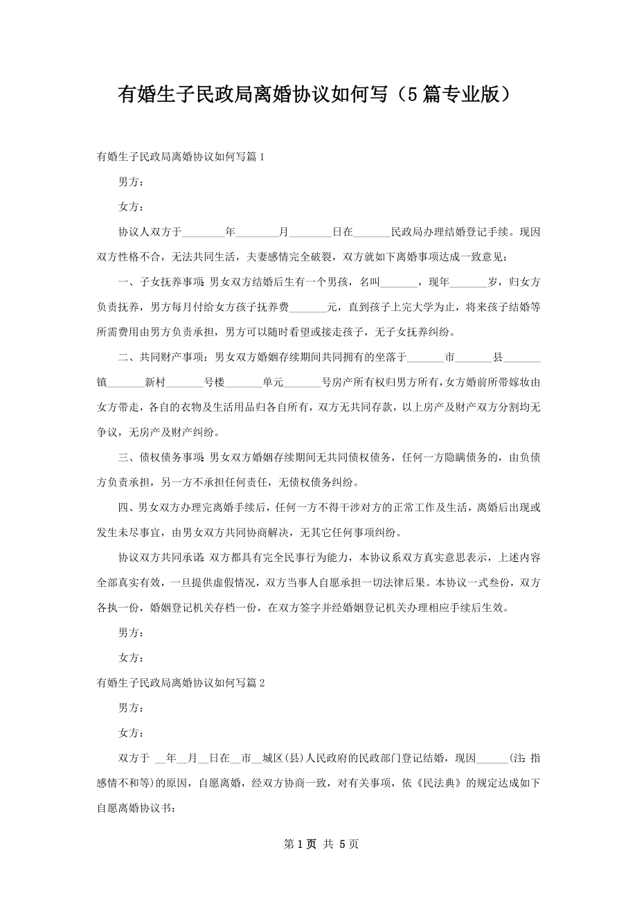 有婚生子民政局离婚协议如何写（5篇专业版）.docx_第1页