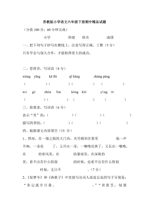 苏教版小学语文六级下册期中精品试题.doc