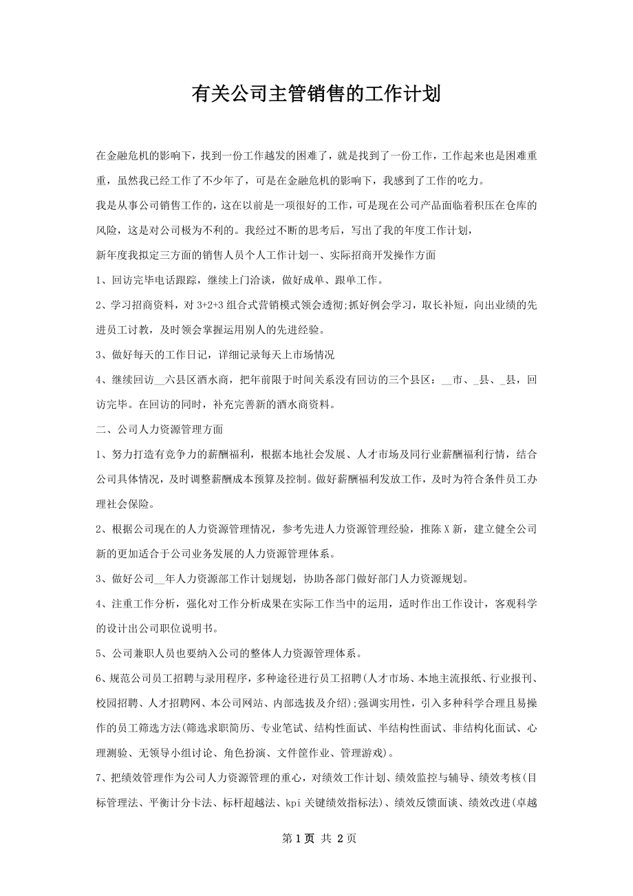 有关公司主管销售的工作计划.docx_第1页