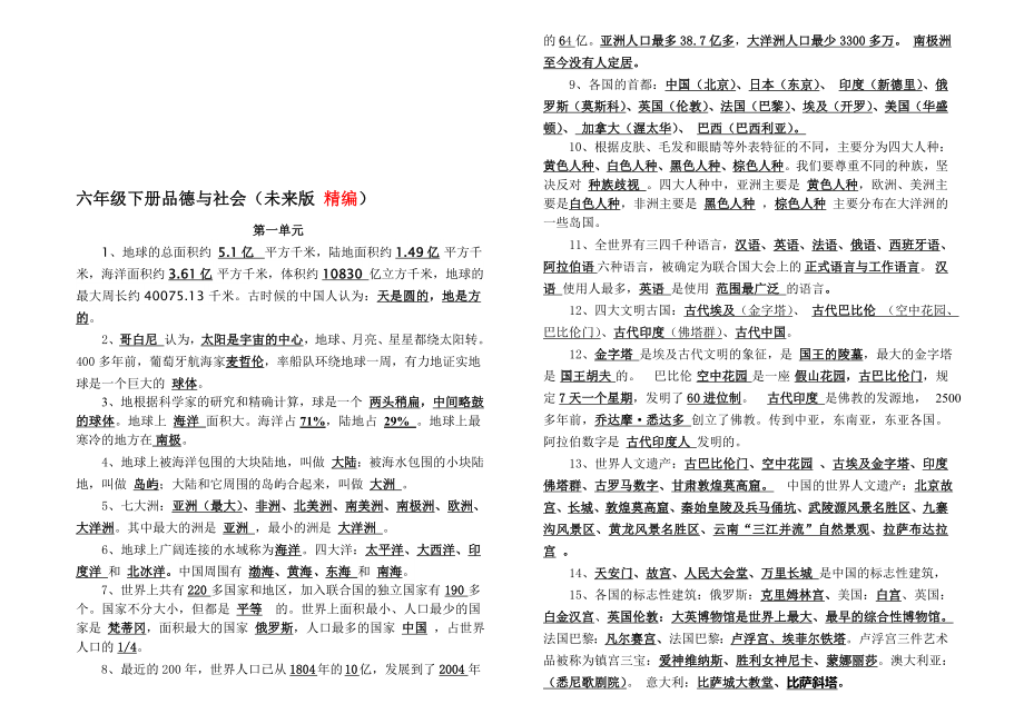 未来版小学六级下册品德与社会复习资料 (精编).doc_第1页