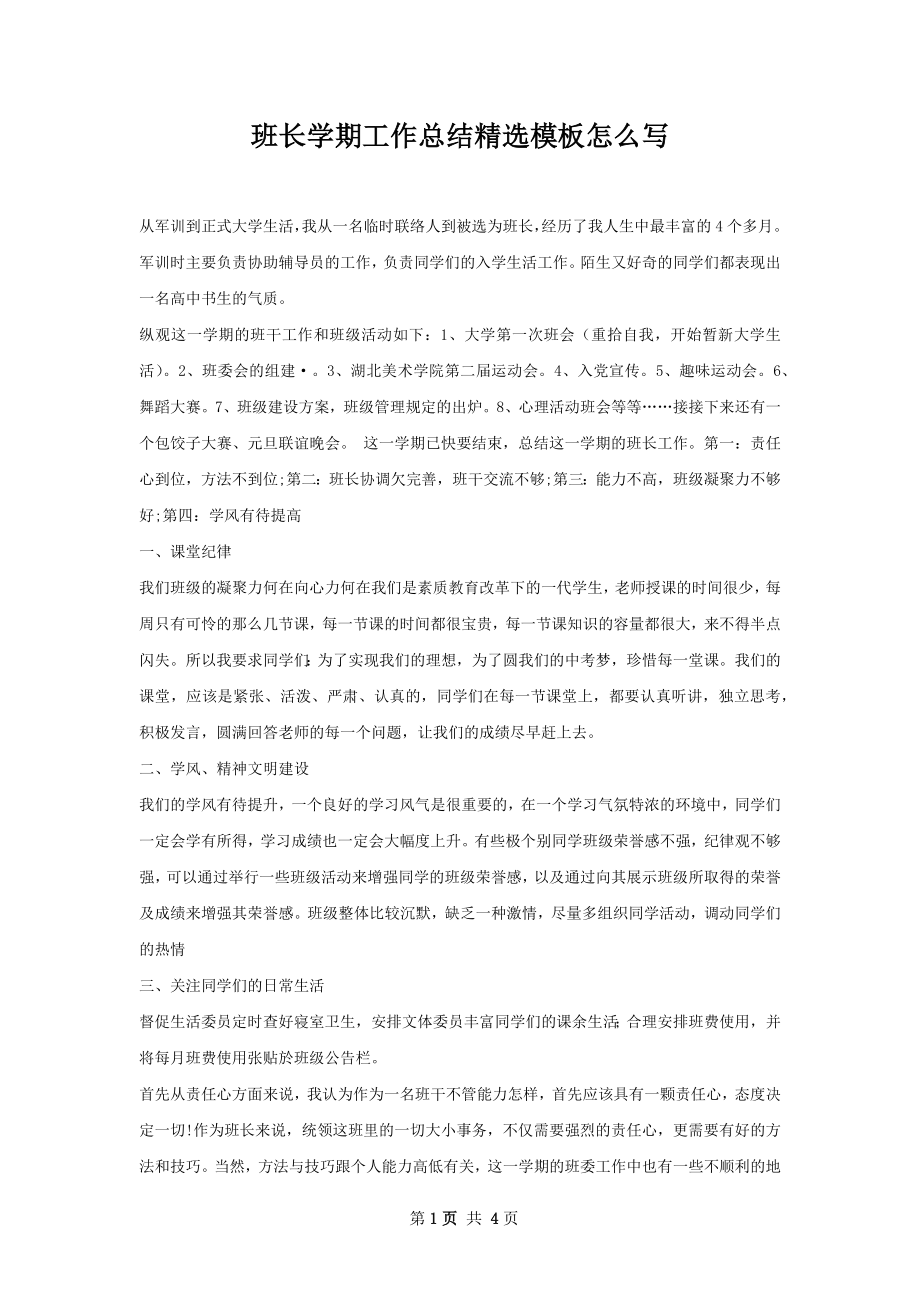 班长学期工作总结精选模板怎么写.docx_第1页