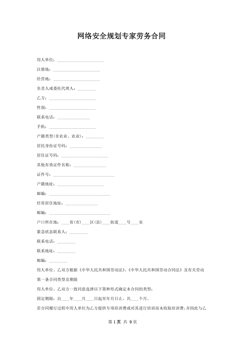 网络安全规划专家劳务合同.docx_第1页