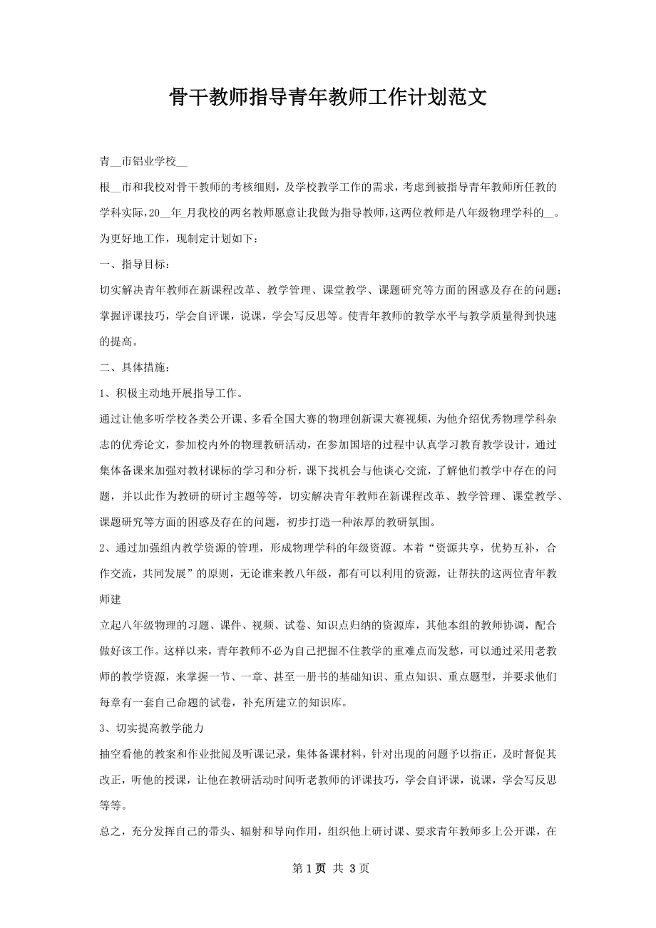 骨干教师指导青年教师工作计划范文.docx_第1页