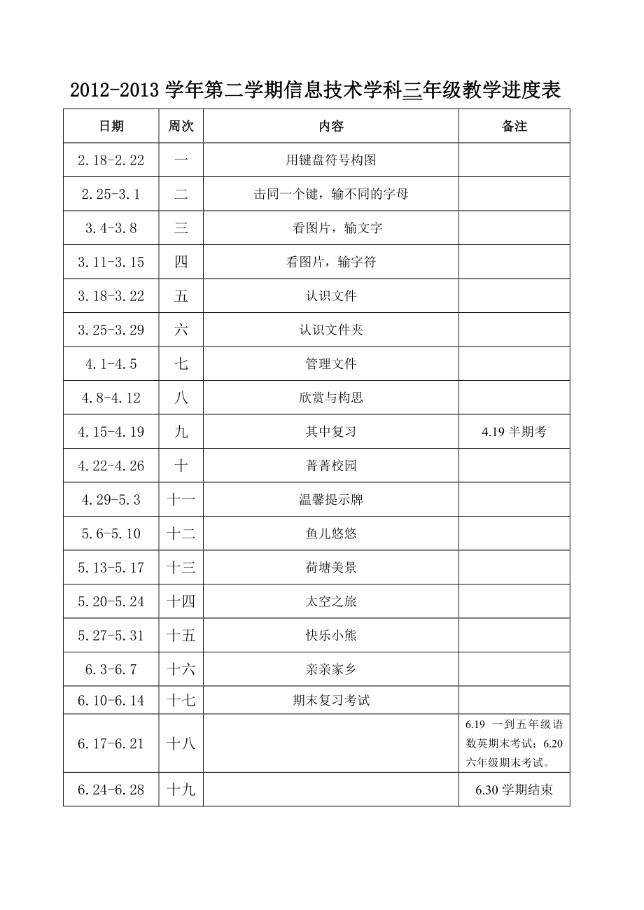 福建教育出版社小学三至六级第二学期信息技术进度表.doc_第1页