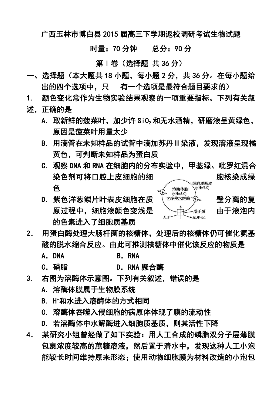 广西玉林市博白县高三下学期返校调研考试生物试题及答案.doc_第1页