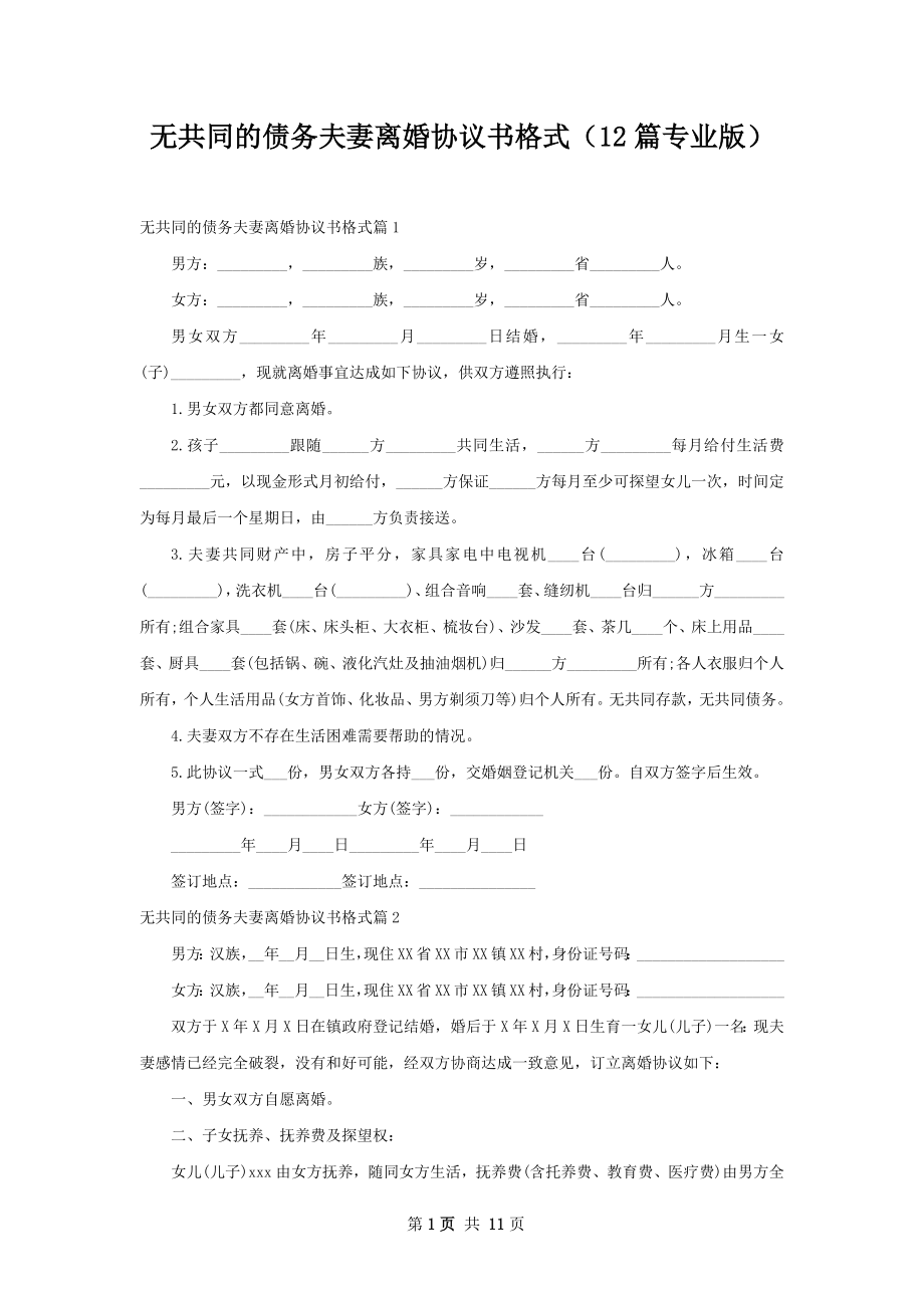 无共同的债务夫妻离婚协议书格式（12篇专业版）.docx_第1页