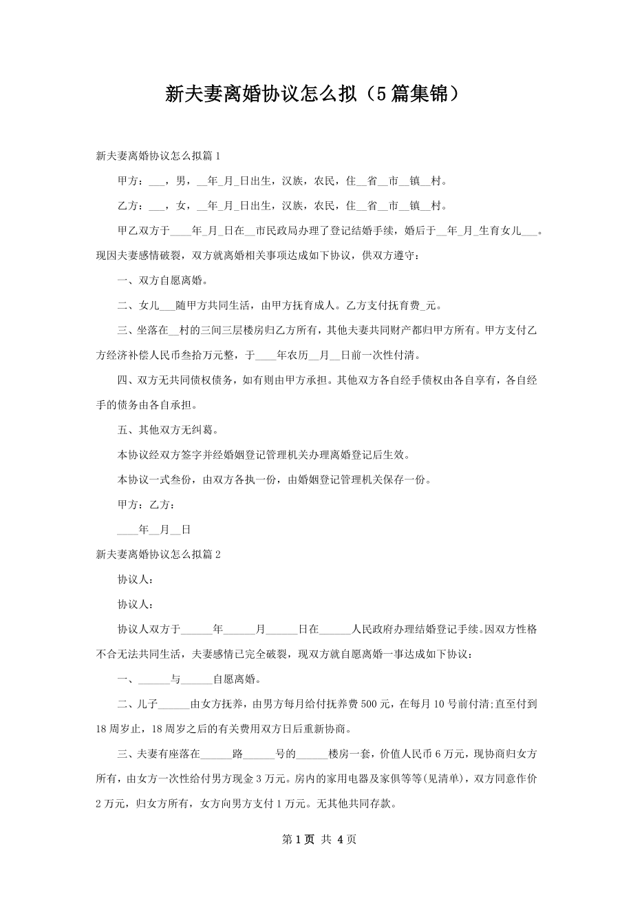 新夫妻离婚协议怎么拟（5篇集锦）.docx_第1页