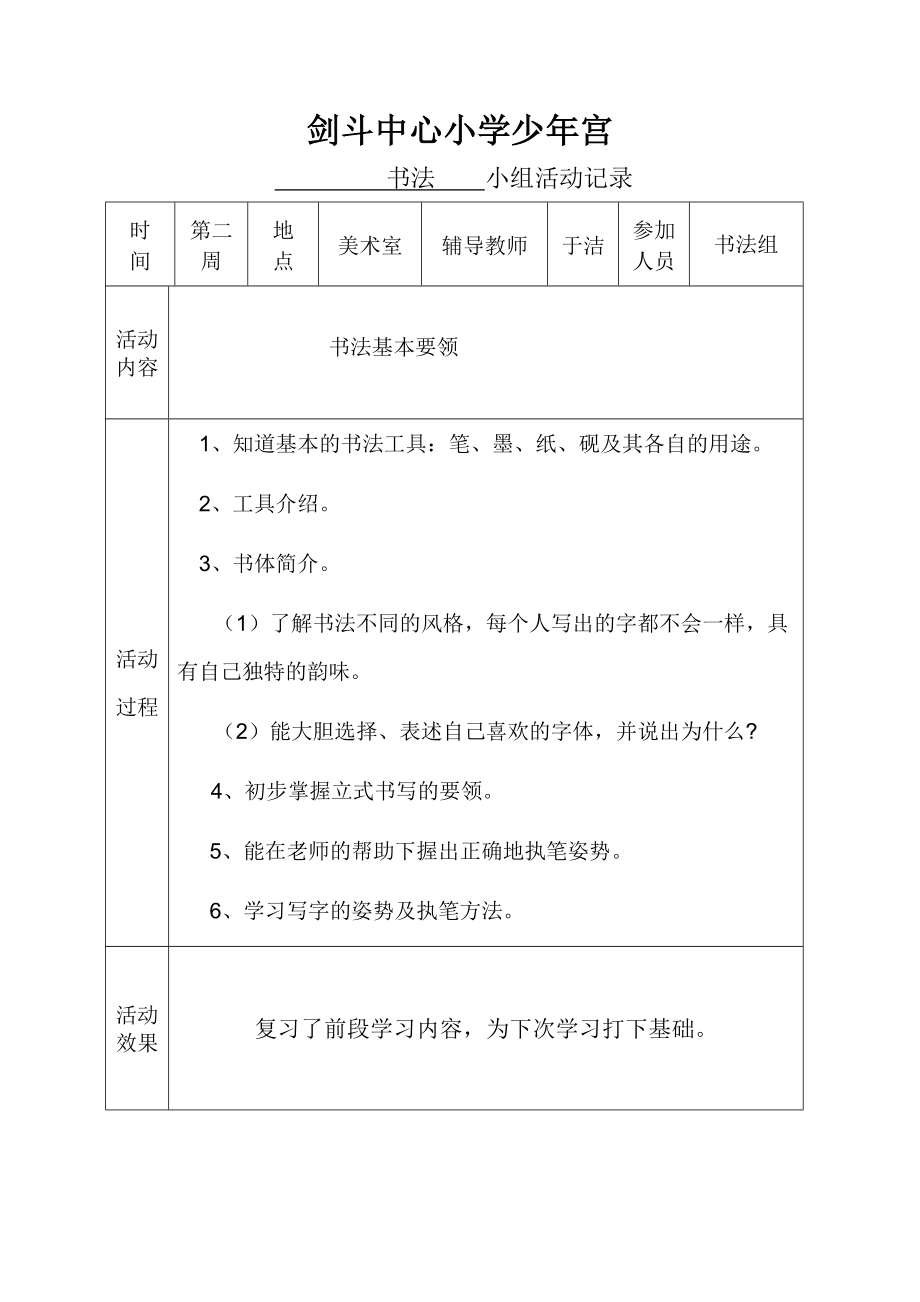 乡村少宫书法兴趣小组记录1.doc_第1页