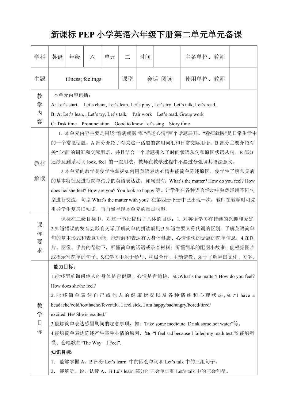 新课标PEP小学英语六级下册第二单元单元备课.doc_第1页