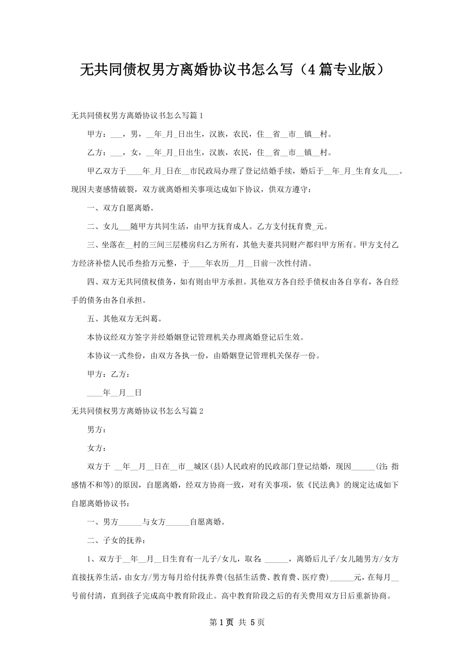 无共同债权男方离婚协议书怎么写（4篇专业版）.docx_第1页