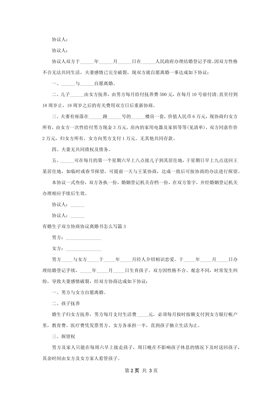 有婚生子双方协商协议离婚书怎么写3篇.docx_第2页