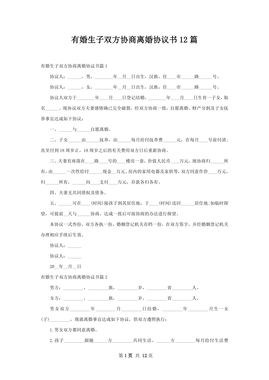 有婚生子双方协商离婚协议书12篇.docx_第1页