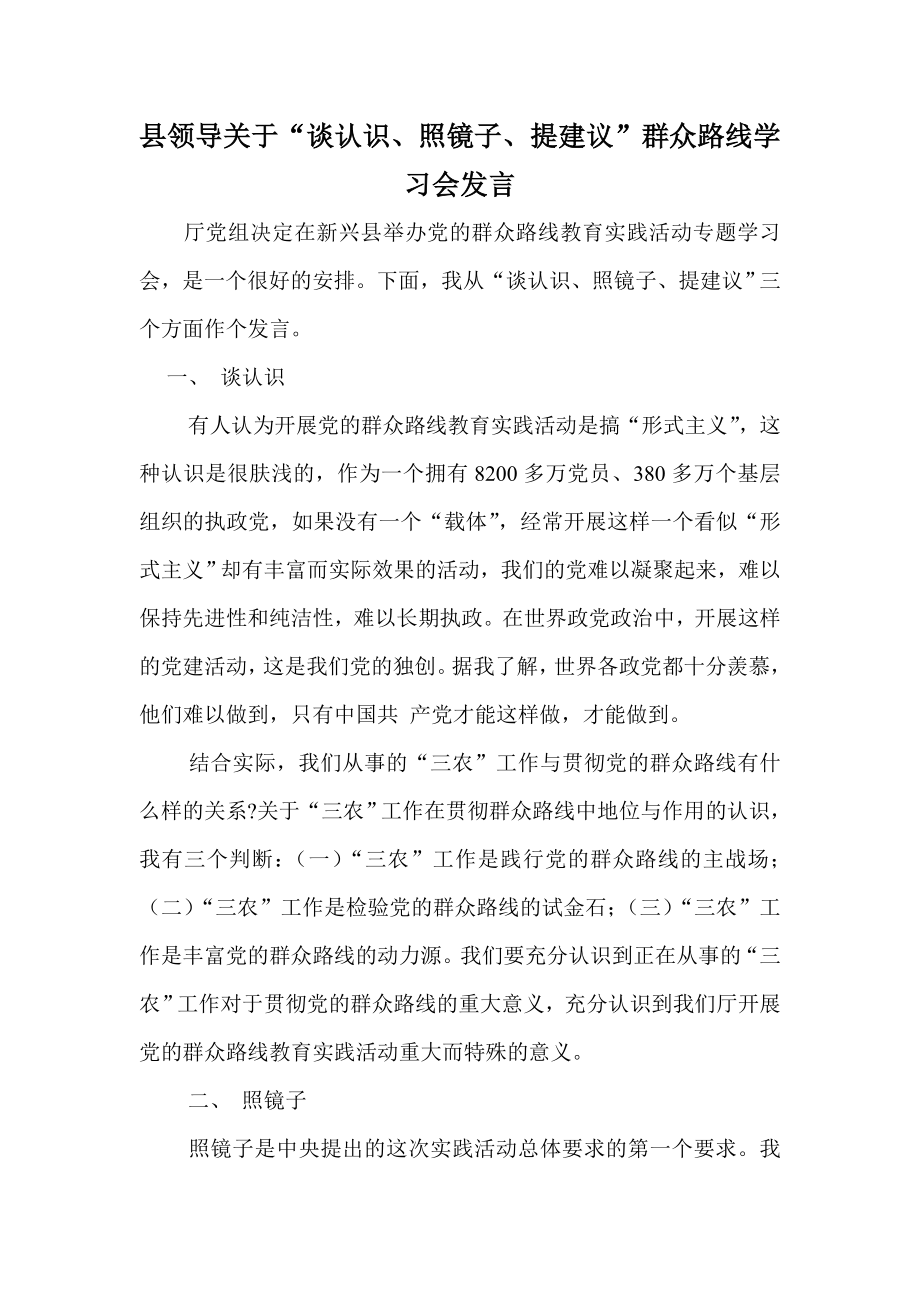 县领导关于“谈认识、照镜子、提建议”群众路线学习会发言.doc_第1页