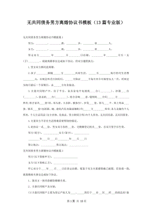 无共同债务男方离婚协议书模板（13篇专业版）.docx