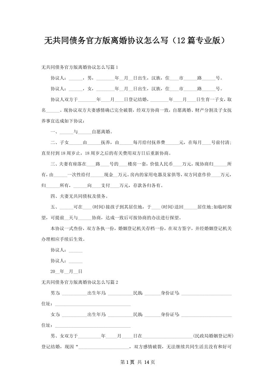 无共同债务官方版离婚协议怎么写（12篇专业版）.docx_第1页