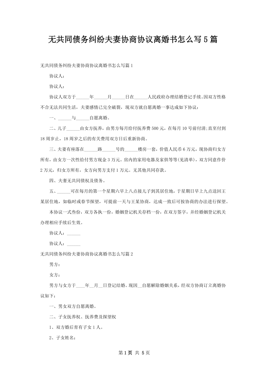 无共同债务纠纷夫妻协商协议离婚书怎么写5篇.docx_第1页