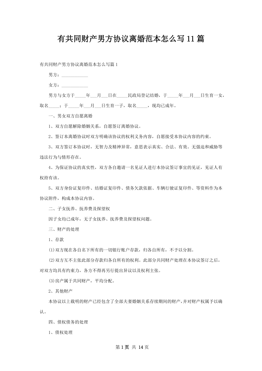 有共同财产男方协议离婚范本怎么写11篇.docx_第1页