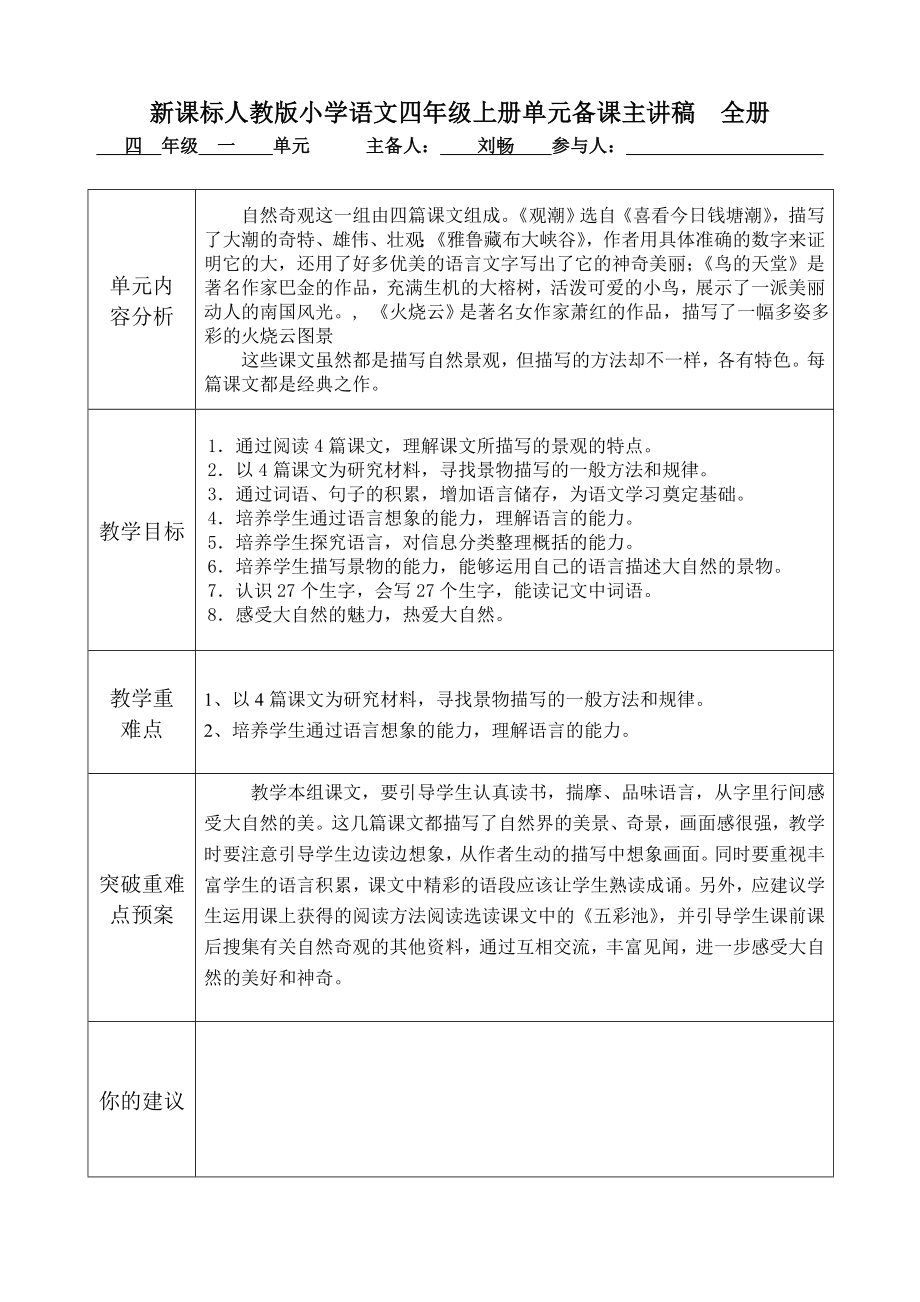 新课标人教版小学语文四级上册单元备课主讲稿　全册.doc_第1页