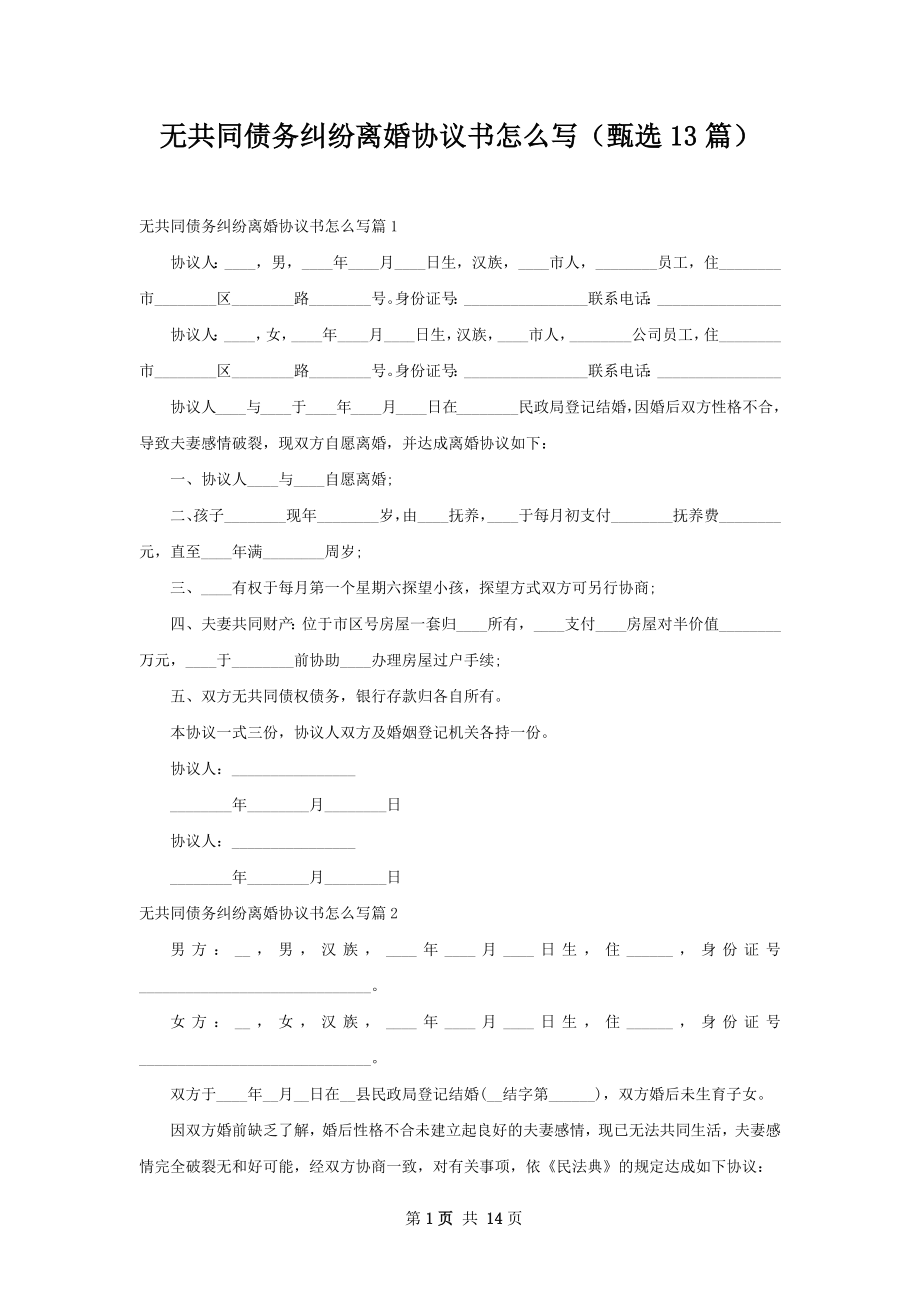 无共同债务纠纷离婚协议书怎么写（甄选13篇）.docx_第1页