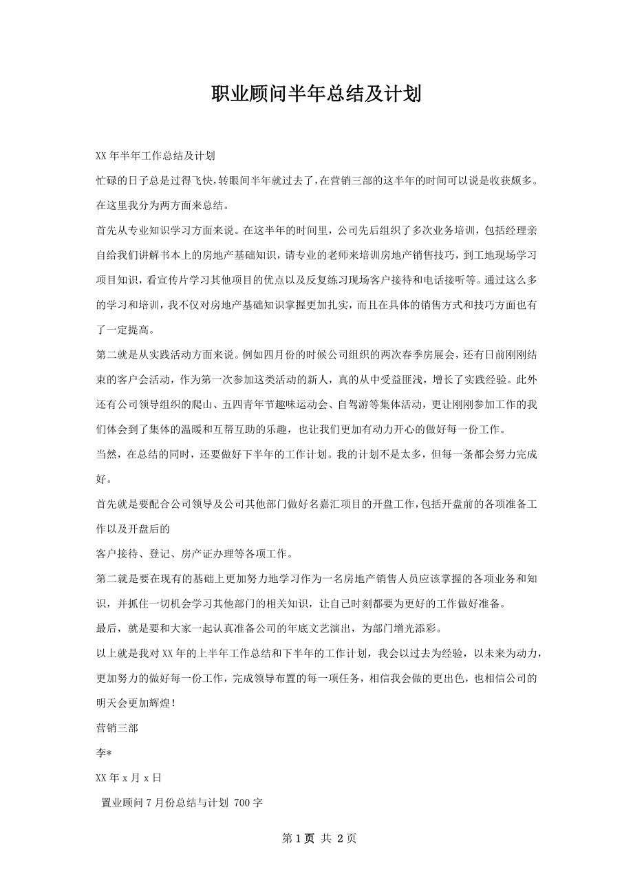 职业顾问半年总结及计划.docx_第1页